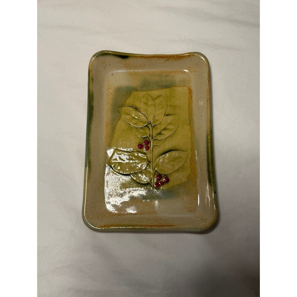 Handmade pottery signed, rectangular dish with Holly motif Christmas decor